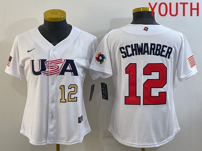 Youth 2023 World Cub USA #12 Schwarber White MLB Jersey->youth mlb jersey->Youth Jersey